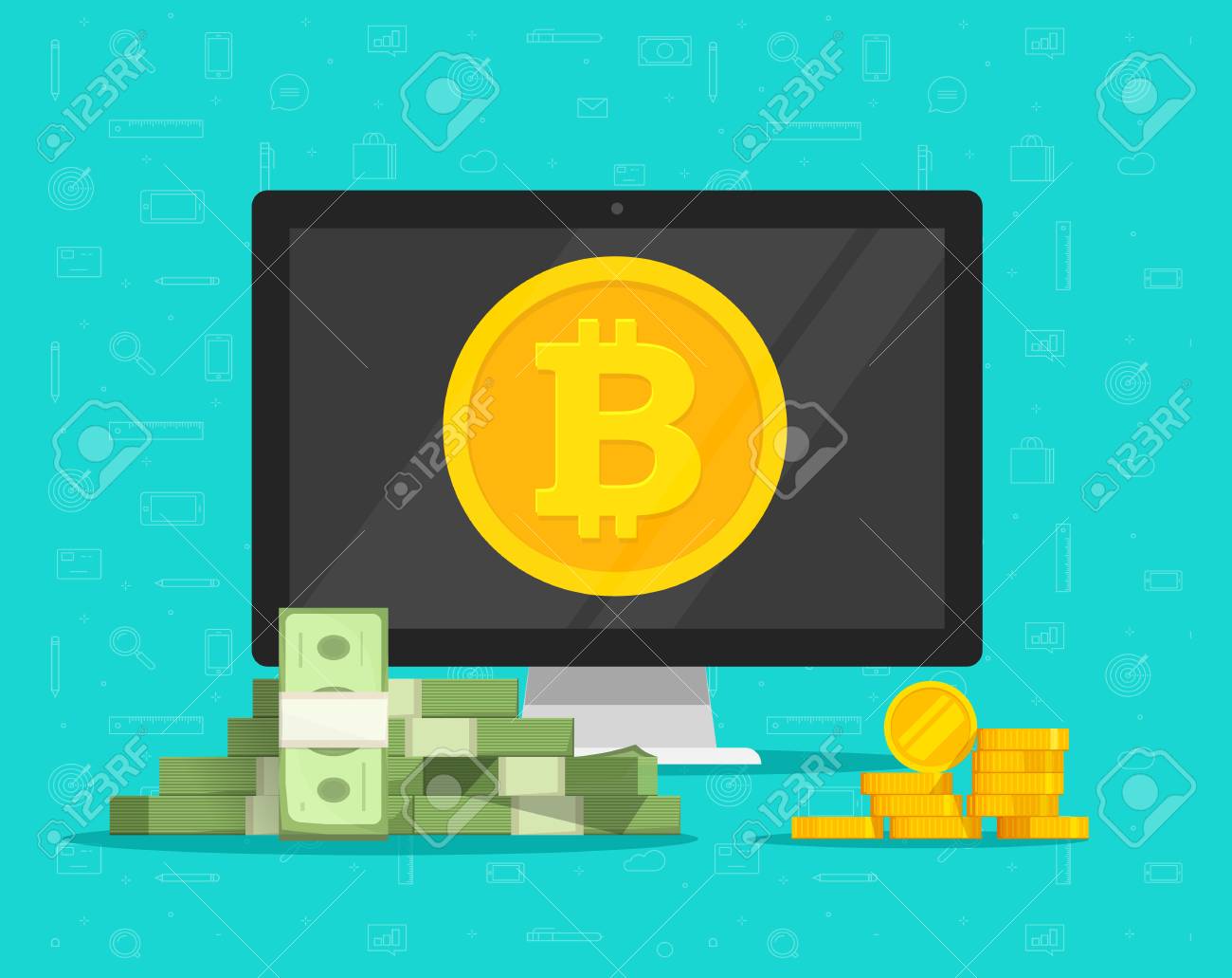 Bitcoin Mining Concept And Paper Money Exchange Vector Illustration - 